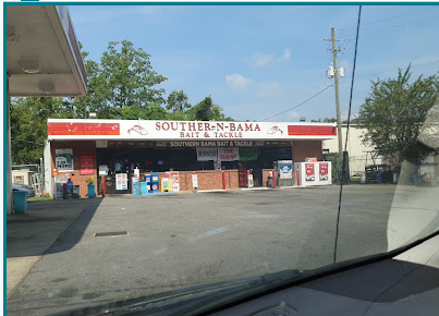 Southern Bama Bait & Tackle storefront and gas pumps on Dauphin Island Parkway
